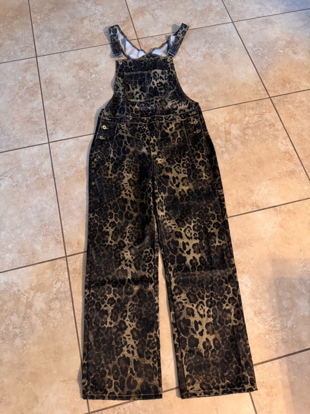 NWT Women's Y2K Leopard Print Jeans Overalls Chic Streetwear Baggy Wide Leg